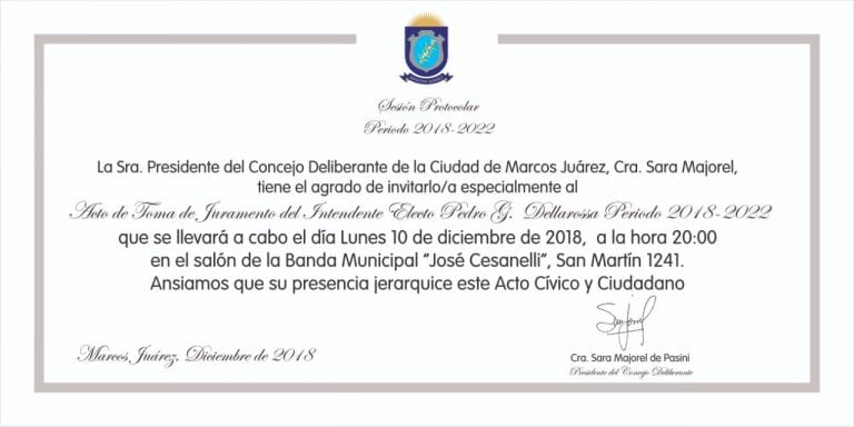 Invitación oficial al acto de asunción de Pedro Dellarrosa