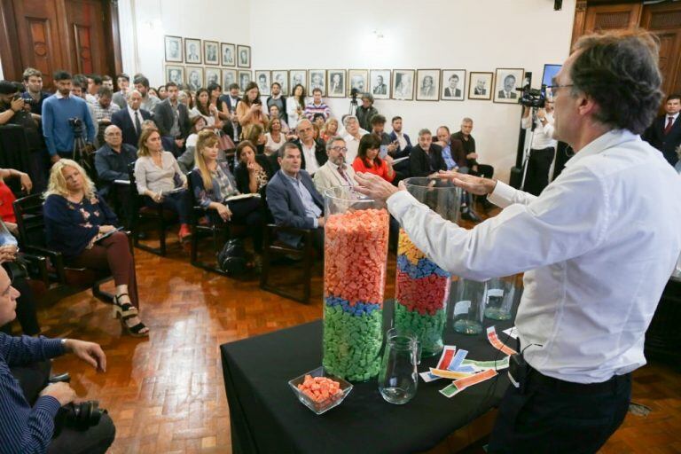 Osvaldo Giordano, presentación del presupuesto provincial con caramelos Sugus.