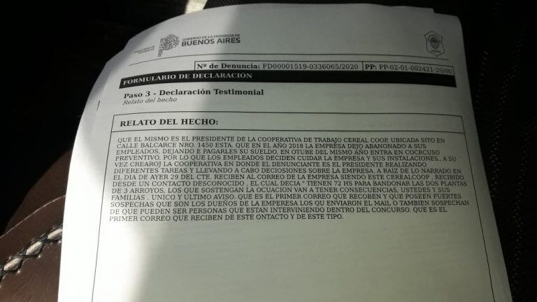 Denuncia sobre las amenazas a empleados de  Cerealcoop