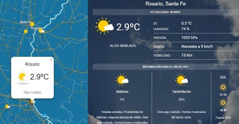 Domingo soleado aunque fría por la mañana en Rosario. (SMN)