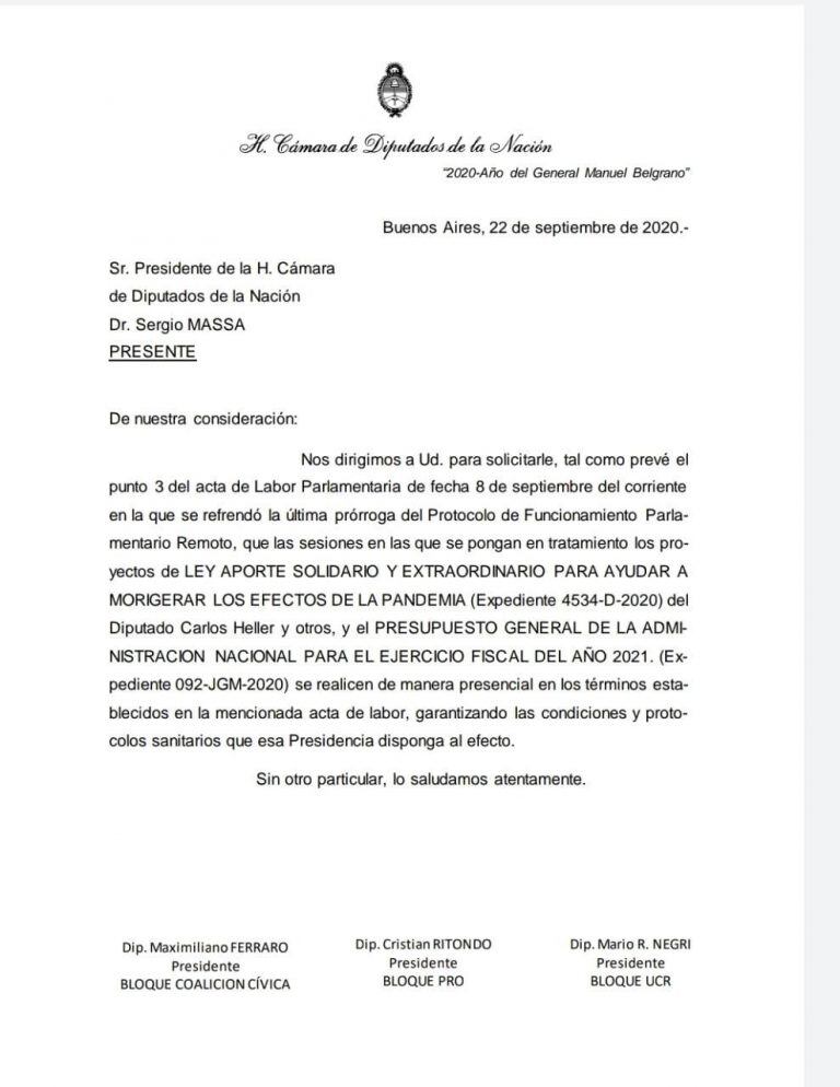 Diputados volverá a sesionar de manera presencial para el Presupuesto 2021 y el impuesto a la riqueza.