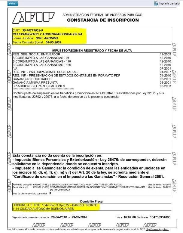 Constancia de la AFIP con la dirección