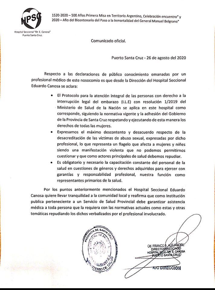 Comunicado del Hospital Seccional "Dr. Eduardo Canosa".