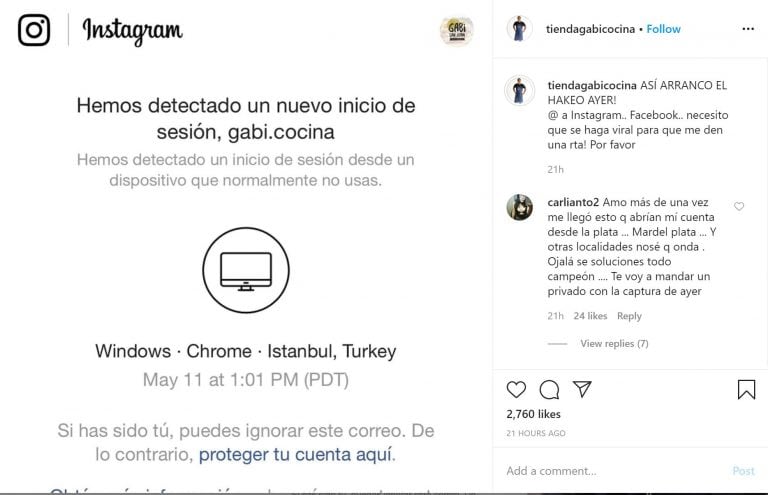 Hackearon las cuentas de Gabi Cocina (Instagram tiendagabicocina)