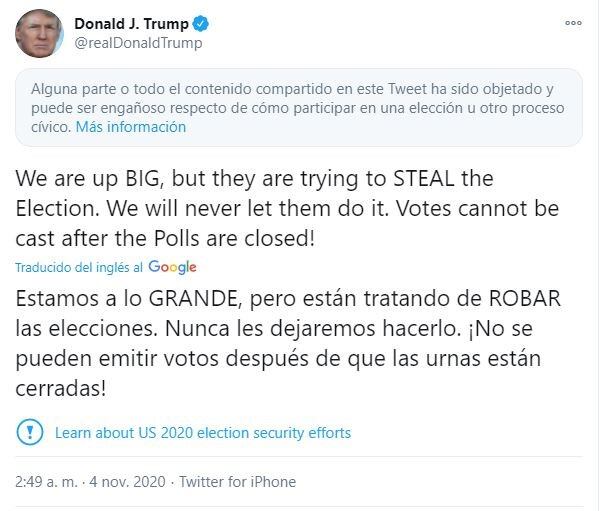 El tuit de Donald Trump marcado como "potencialmente engañoso" por Twitter (Captura)