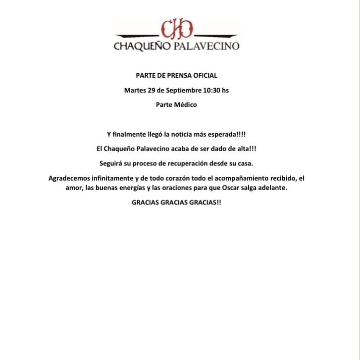 La salud del Chaqueño: le dieron el alta y ya está en su casa (Facebook Chaqueño Palavecino Sitio Oficial)