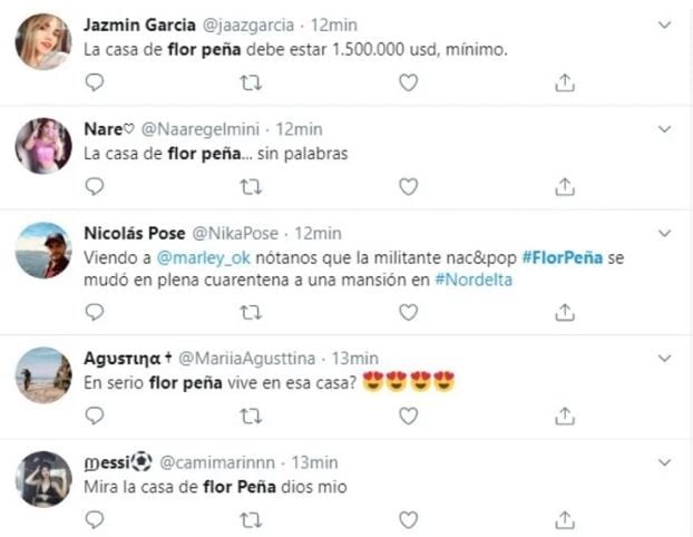 Usuarios de Twitter sobre la casa de Flor Peña.