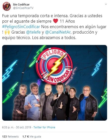 Peligro sin codificar fue levantado de Telefe y lo anunciaron por Twitter (Foto: Captura Twitter)