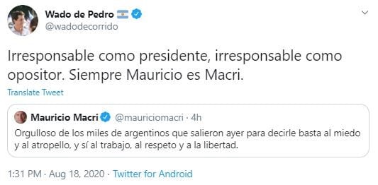 Cafiero y De Pedro criticaron a Macri por su tuit en el que dice estar "orgulloso" por marcha del 17A.