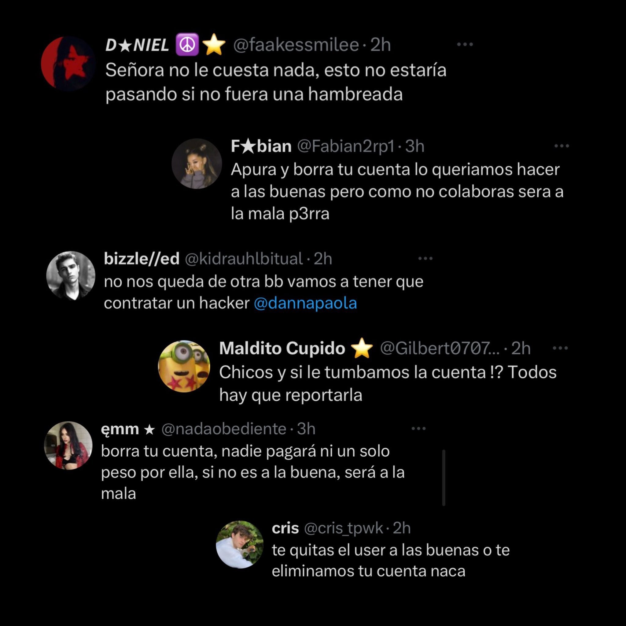 Algunos de los mensajes de odio que recibió @danna, la mujer que no quiere vender su usuario de Twitter.