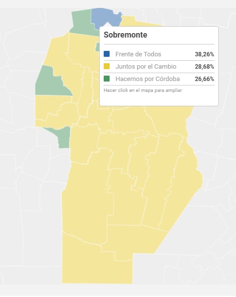 Sobremonte. Un mapa mostraba el resultado provisorio que luego se confirmó. El Frente de Todos ganó en un solo departamento en Córdoba.