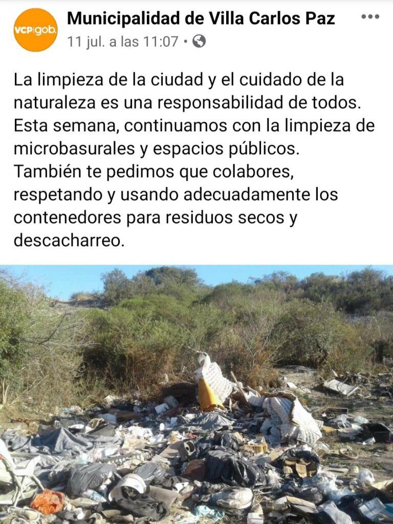 Posteo en Facebook del Municipio de Villa Carlos Paz.