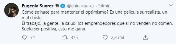 Mensaje de la China Suarez en Twitter.