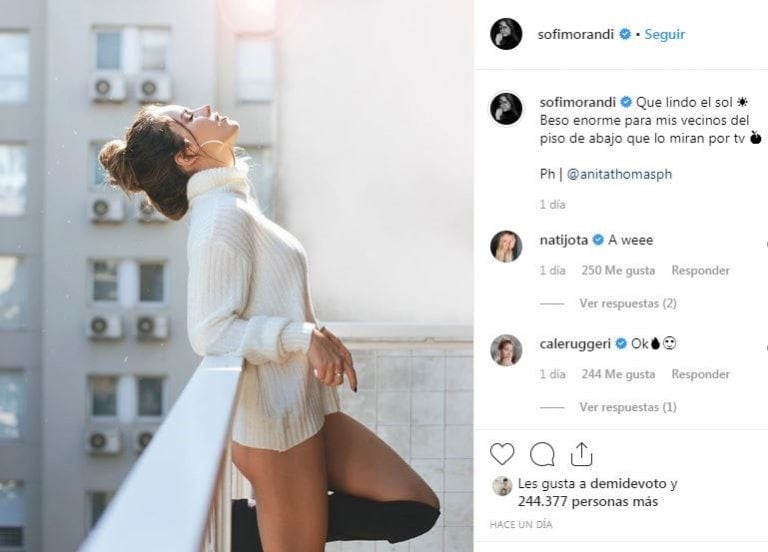 Sofi Morandi mostró la cola a sus vecinos. Instagram/sofimorandi