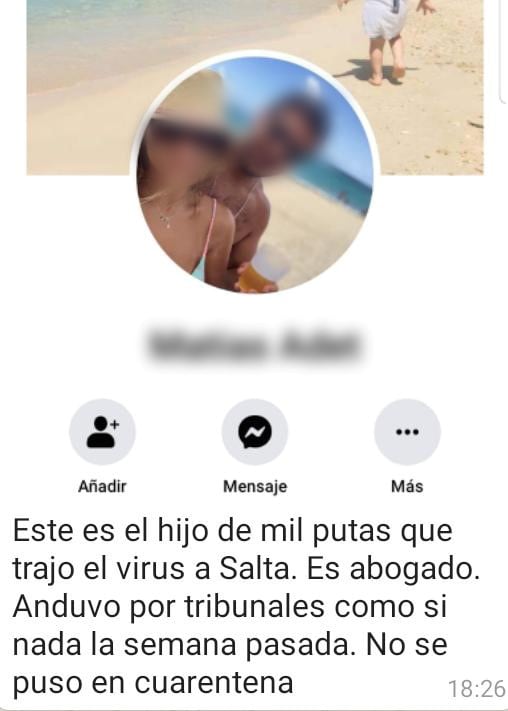 Uno de los tantos mensajes de odio que circularon por Whatsapp contra el primer salteño que dio positivo para coronavirus.