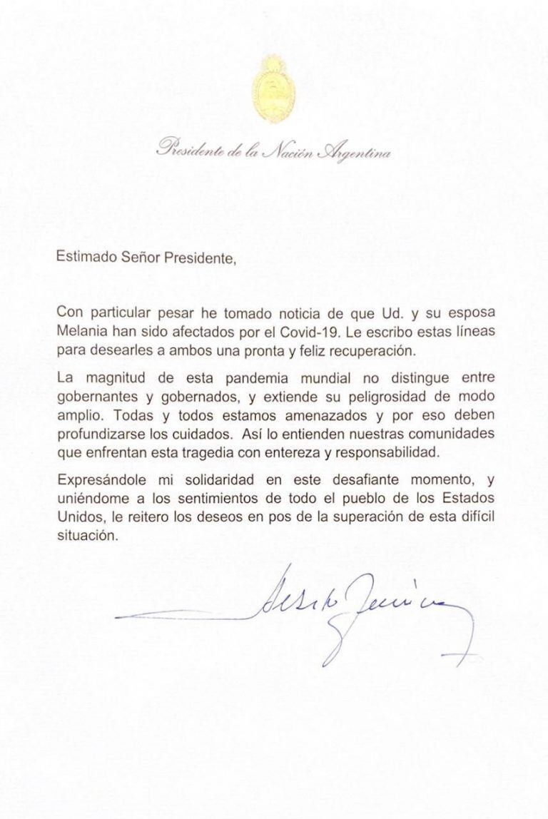 Carta de Alberto Fernández a Donald Trump.