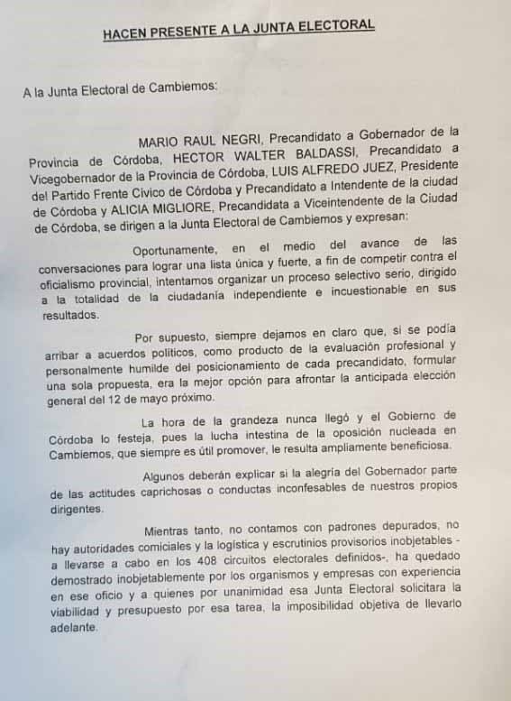 La carta que presentaron desde  "Somos el cambio".