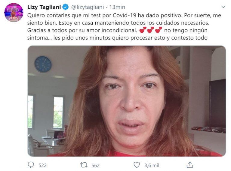 En las publicaciones que realizó, aclaró que se siente bien y no tiene síntomas.