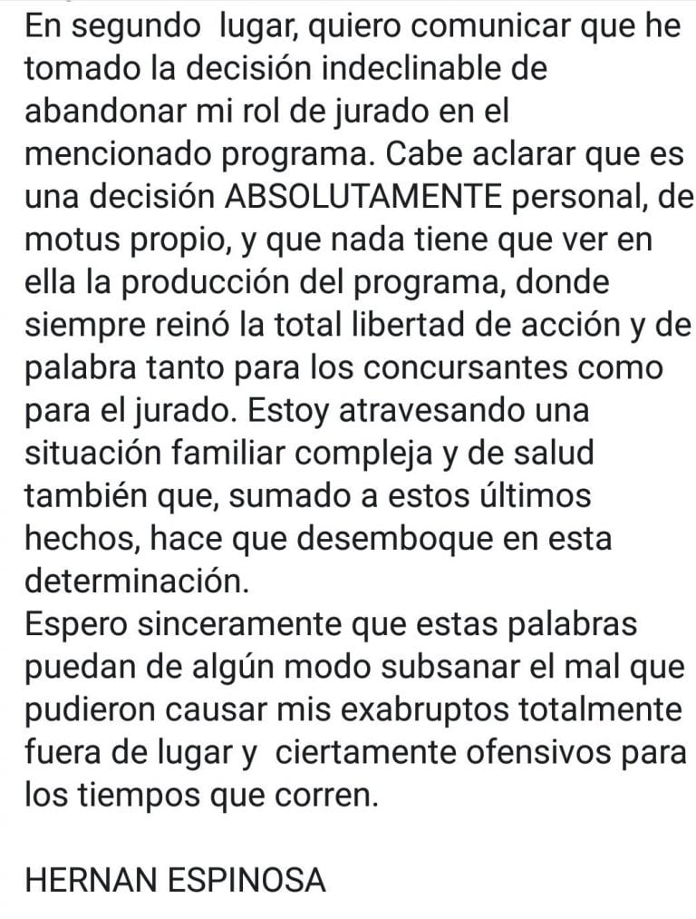 Hernán Espinosa renunció a ser jurado de El Certamen, el programa que se emite por El Doce.