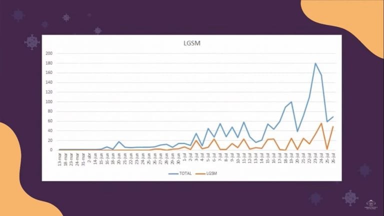 En color celeste, la evolución de la curva de casos de coronavirus a nivel provincial; en rojo, la curva correspondiente a Libertador General San Martín, en base a datos recogidos hasta el domingo último.