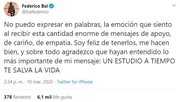 Fede Bal agradeció el cariño que recibió en las redes sociales. (Twitter/@balfederico)