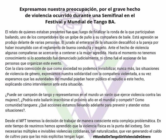 El comunicado publicado por el Movimiento Feminista de Tango (Foto: Facebook)