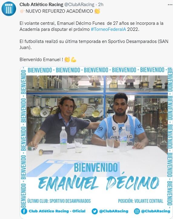 Emanuel Décimo, volante central, es el tercer refuerzo de Racing de Nueva Italia.