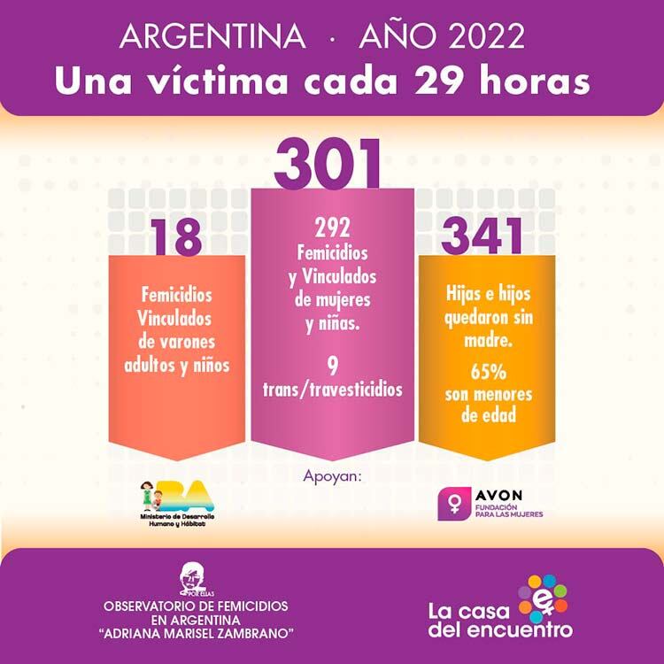 Femicidios en Argentina en el 2022 según el Observatorio de Femicidios en Argentina y La Casa del Encuentro.