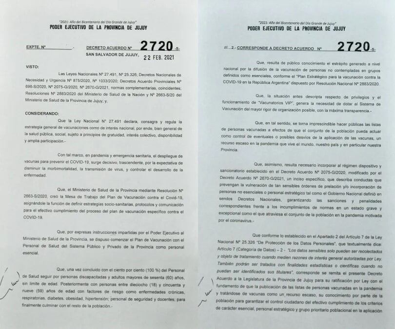 El decreto emitido por el Poder Ejecutivo  de Jujuy disponiendo que se publique la lista de personas vacunadas contra el Covid-19 en la provincia .