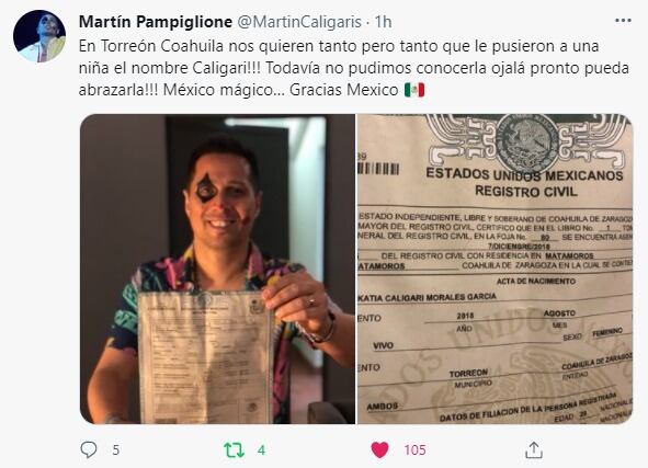 Martín Pampiglione y la chochera de una "ahijada" con el nombre de la banda.