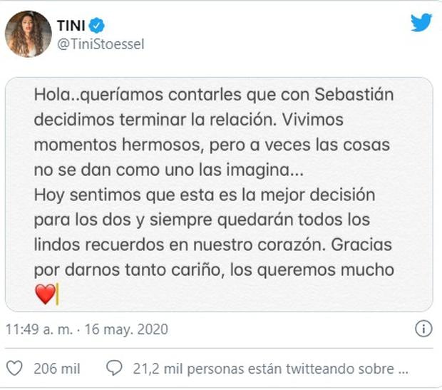 La cantante anunció su separación a través de Twitter.