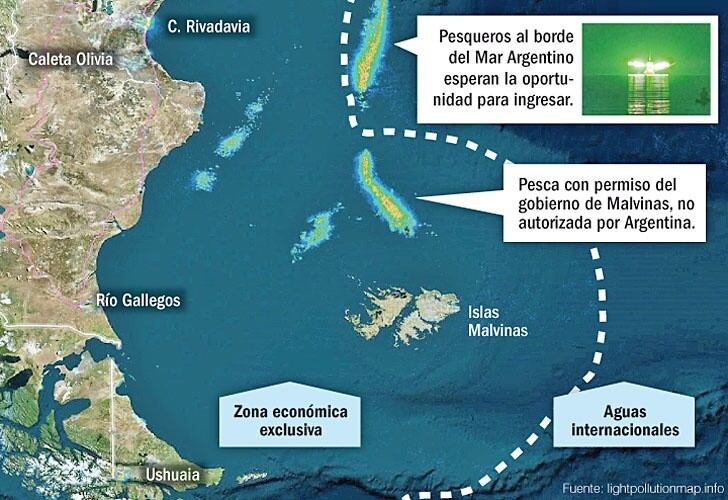 Las manchas amarillas y verde, representan las aglomeradas embarcaciones que pescan en nuestro Mar y en la Zona Económica Adyacente.