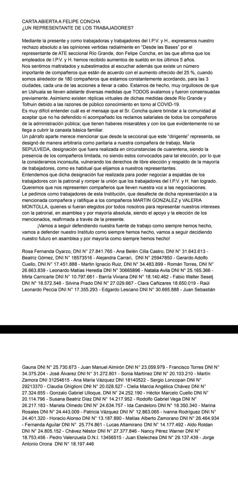 Carta abierta empleados IPVyH Río Grande