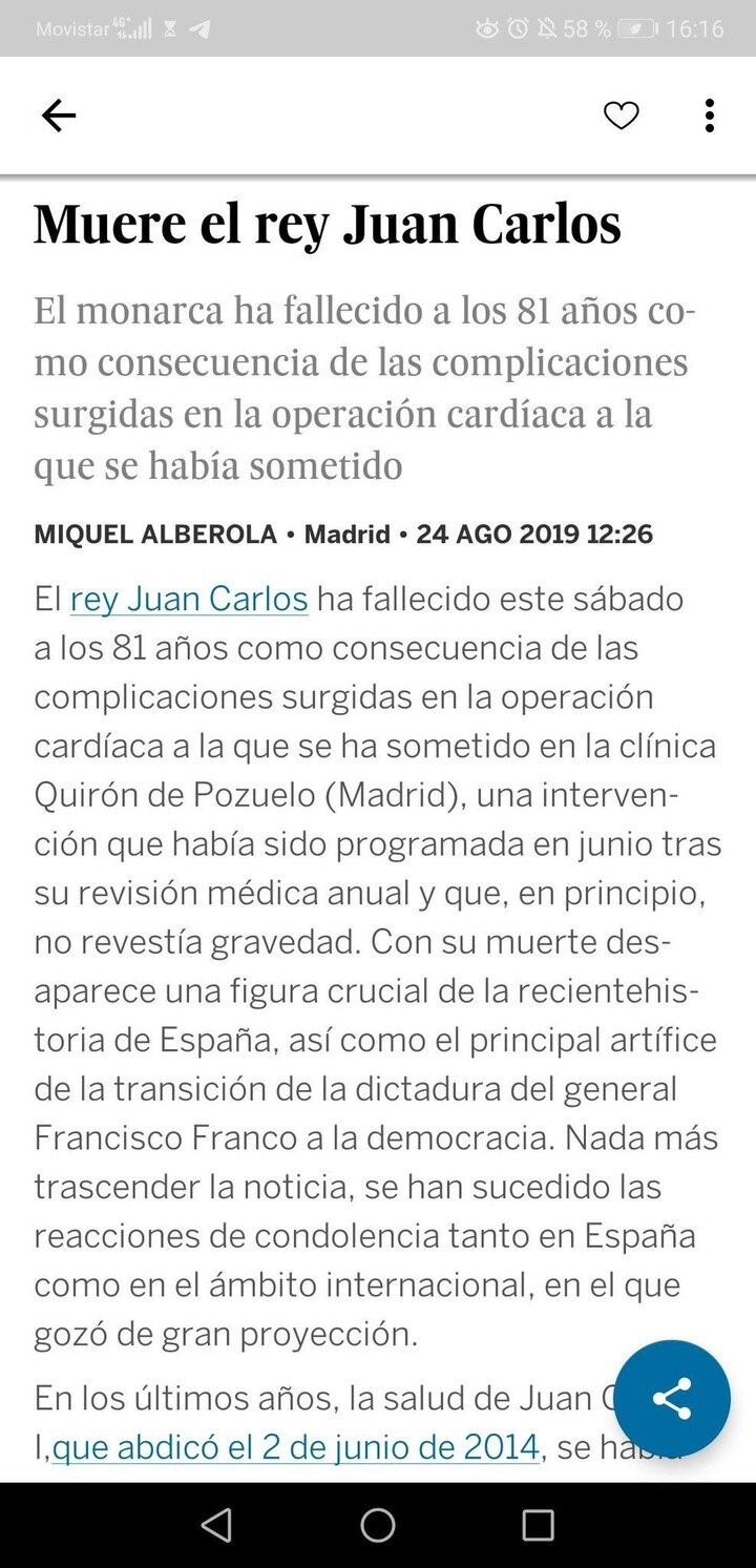 El texto se viralizó rápidamente y miles de españoles consumidores del servicio de noticias para celulares del diario leyeron el titular de la falsa noticia.