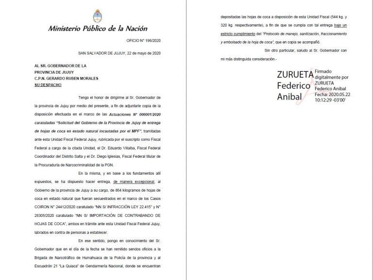 Oficio de notificación dirigido al gobernador Gerardo Morales.