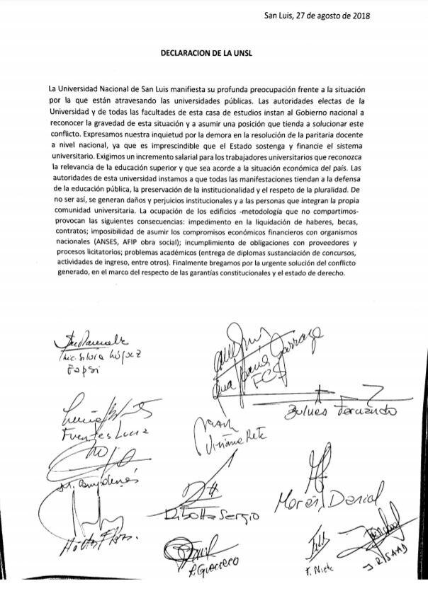 Comunicado oficial por parte de las autoridades de la UNSL.