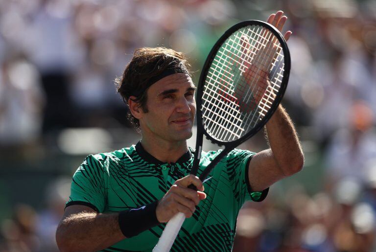 KEY BISCAYNE, FL - MARCH 27: Roger Federer of Switzerland celebrates defeating Juan Martin Del Potro of Argentina at Crandon Park Tennis Center on March 27, 2017 in Key Biscayne, Florida.   Julian Finney/Getty Images/AFP
== FOR NEWSPAPERS, INTERNET, TELCO