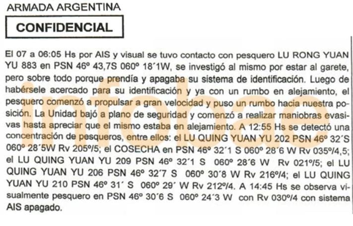 El documento en el que queda en evidencia el incidente del ARA San Juan con un buque pesquero chino.