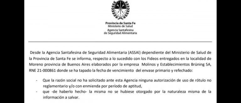 Comunicado de la Agencia Santafesina de Seguridad Alimentaria (ASSAL).