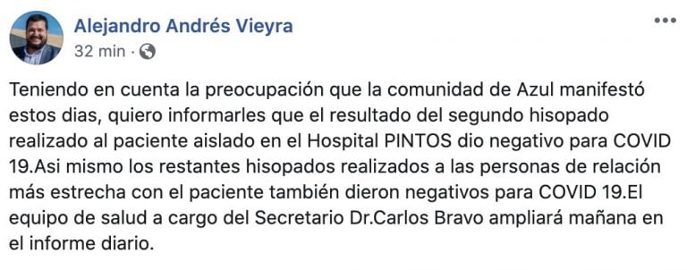 El mensaje de Vieyra en Facebook.