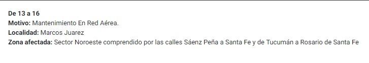 Corte de energía el sábado 18 de mayo.