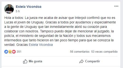 La publicación en Facebook de Estela, la mamá.