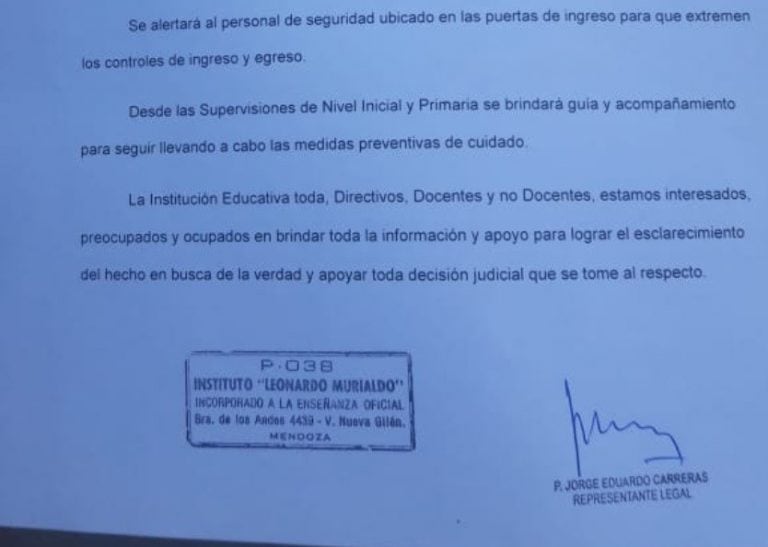 Comunicado del Colegio Murialdo.