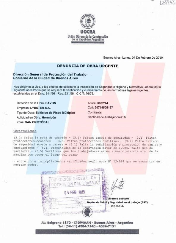 La UOCRA había denunciado dos meses atrás que los empleados de la obra no tenían los elementos de seguridad necesarios.