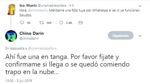 El hilarante cruce entre el Chino Darín y una tuitera tras la caída de WhatsApp (Twitter)