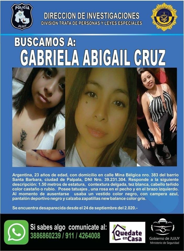 Boletín distribuido por la Policía de Jujuy comunicando la búsqueda de Gabriela Cruz en Palpalá.