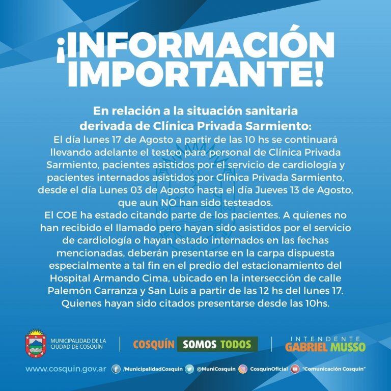 Comunicado de prensa, Municipalidad de Cosquín.