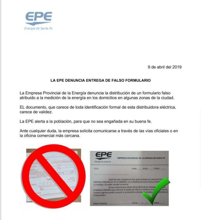 La prestadora emitió un comunicado para alertar a la población este martes. (@epeoficial)