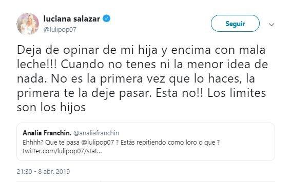 Luciana Salazar explotó contra Analía Franchín, que la criticó como madre (Foto: captura Twitter)