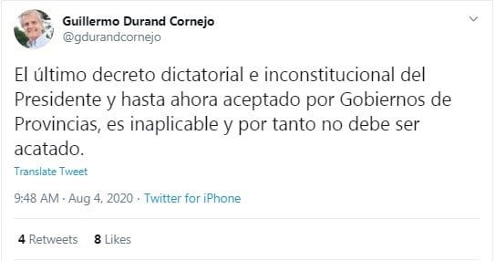 El tuit de Guillermo Durand Cornejo. (Twitter)